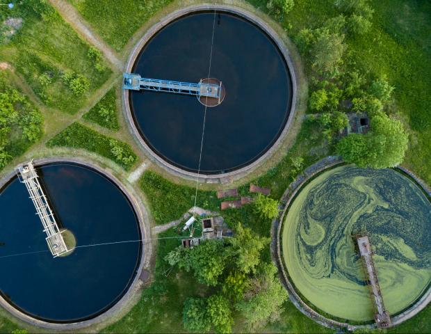 Aerial view of waste water purification tanks